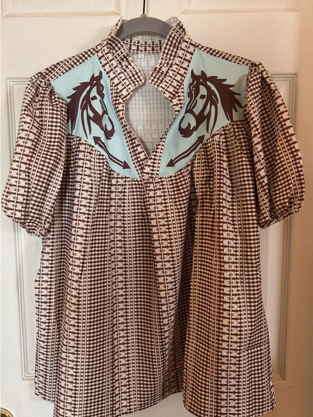 Western Horse Yoke Blouse in Brown and Light Blue - Picture 2 of 7